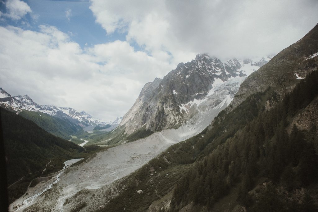 Skyway Monte Bianco cable car ascending over the Aosta Valley during a mountain elopement in the Italian Alps
