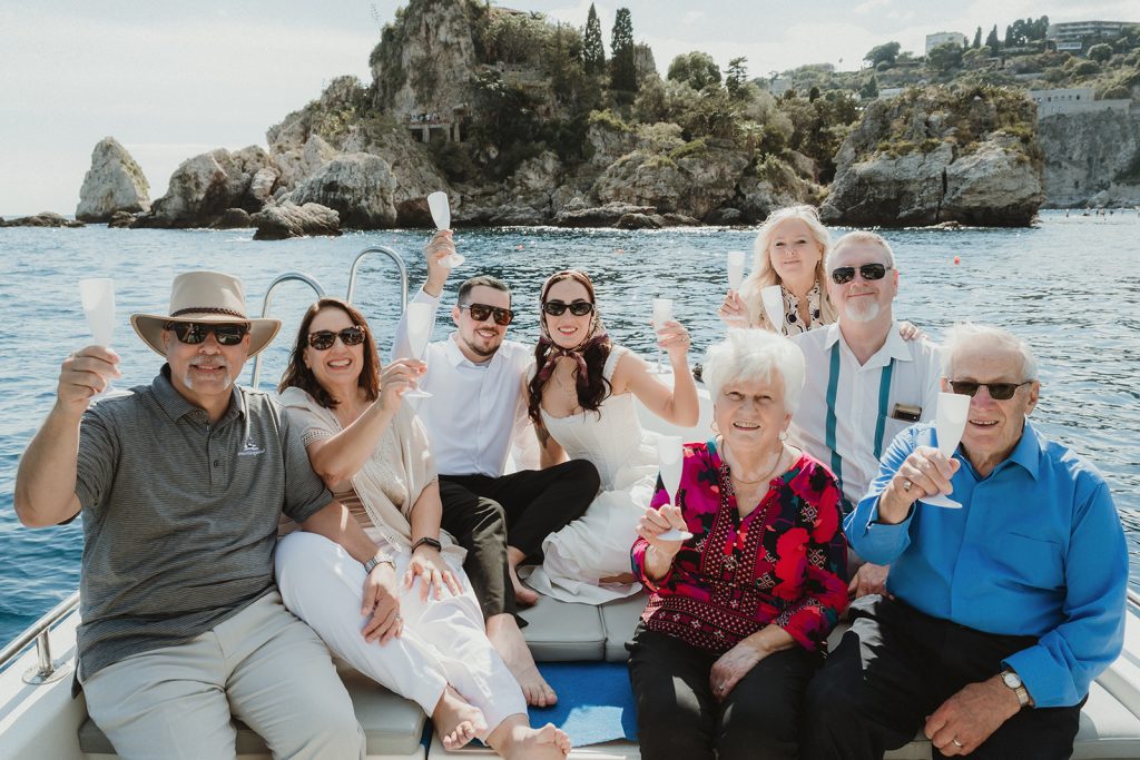 Wedding party on a boat in Taormina, Sicily