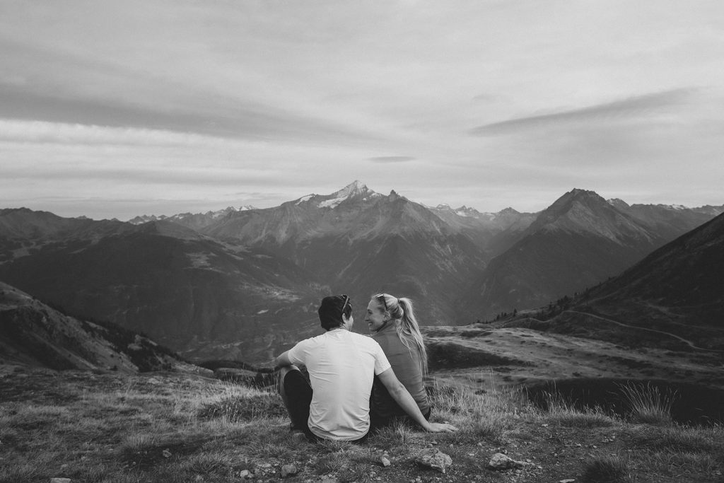 Holly and Loz arriving at a hidden mountain hut in the Italian Alps for their intimate elopement.
