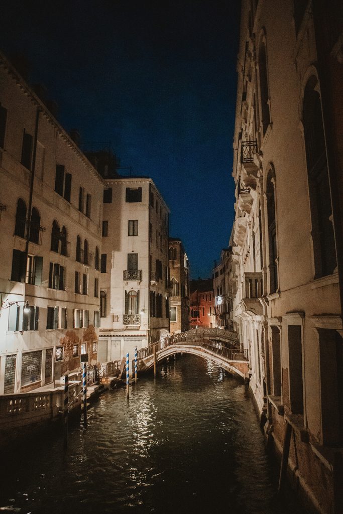View of a Venice canal right before dawn on a Venice elopement