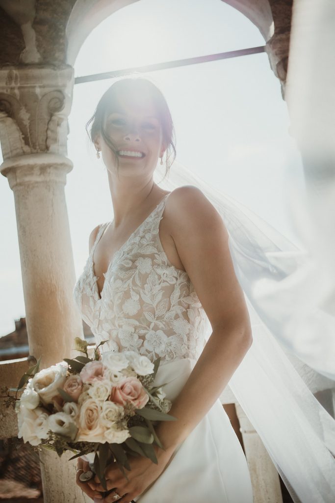 Bridal portrait with morning light at Palazzo Contarini del Bovolo, Venice