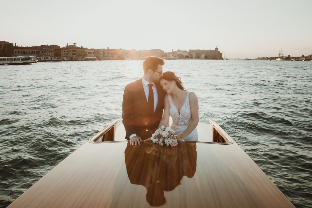 Sunset boat tour during an elopement in Venice