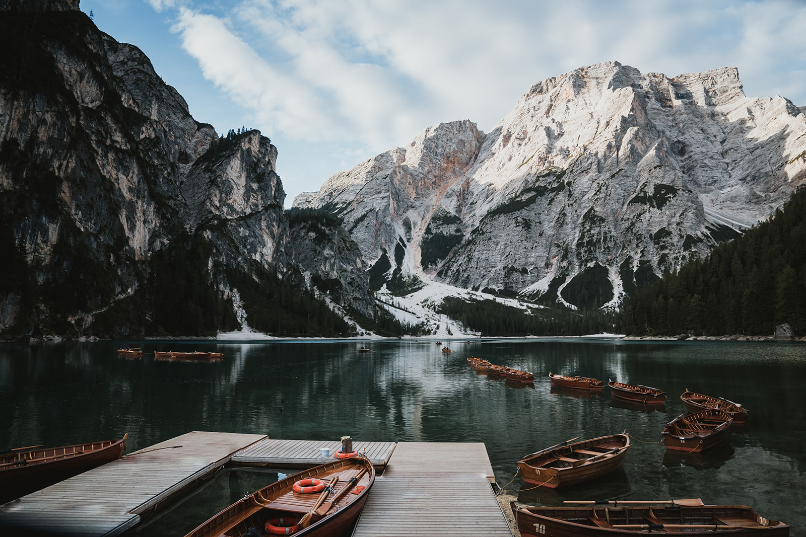 View of Lake Braies in the early hours of the day